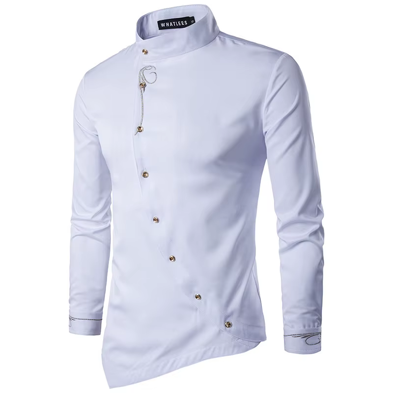 Chemise habillée homme 2026 à boutons obliques, haute qualité, manches longues, coupe ajustée, brode