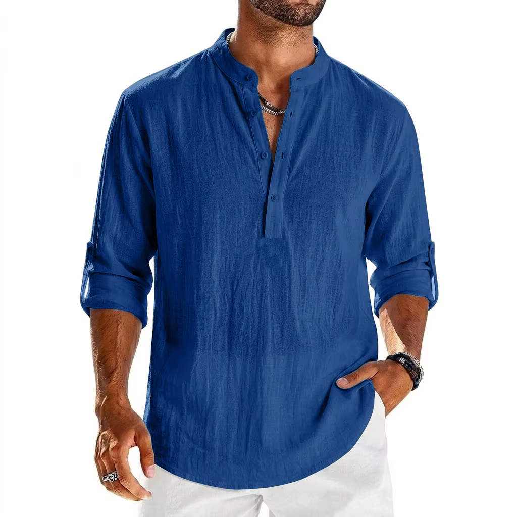 Chemises en coton et lin Henley pour hommes, chemises décontractées de luxe, chemises légères à manc