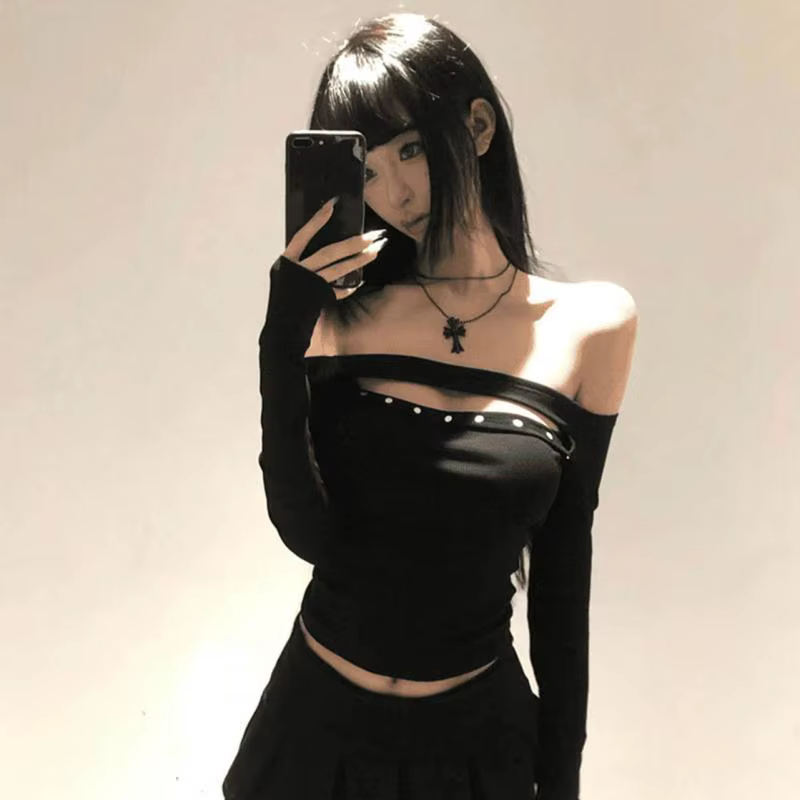 Seeslim Rivet évider T-shirt femme à manches longues noir années 2000 vêtements Y2k mince haut d'aut
