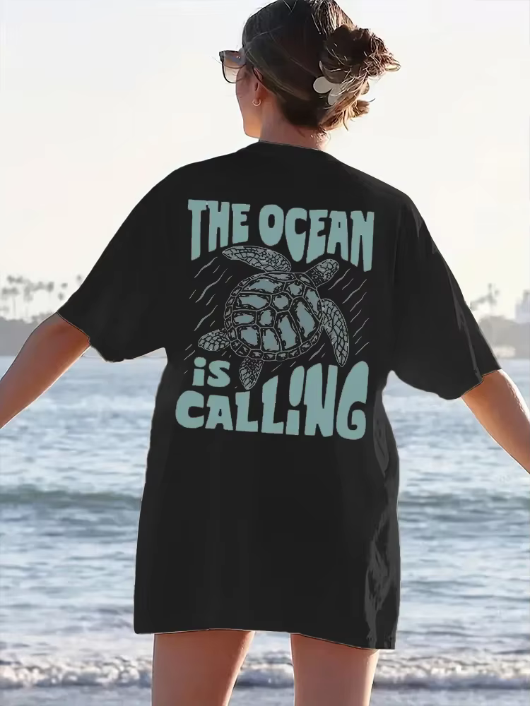 T-shirt imprimé lettre tortue pour femme, manches courtes, col rond, haut décontracté, pur coton, vê