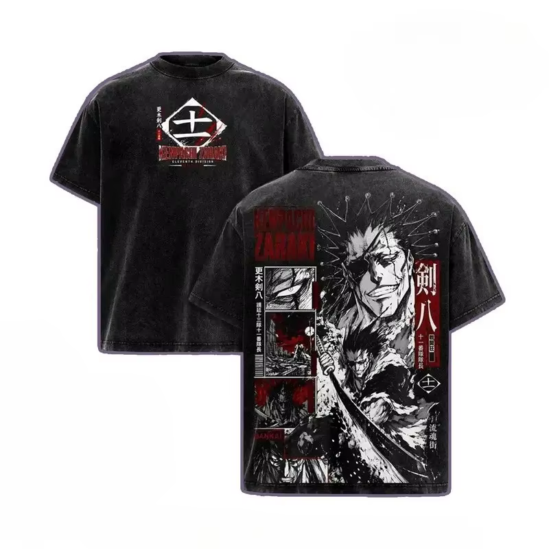 T-shirt imprimé BLEACH Zaraki Kenpachi pour hommes et femmes, T-shirt rétro délavé, T-shirt en coton