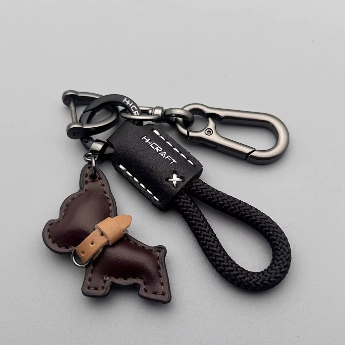Porte-clés bouledogue français-cuir véritable fait à la main et corde tressée, sangle Anti-perte pou