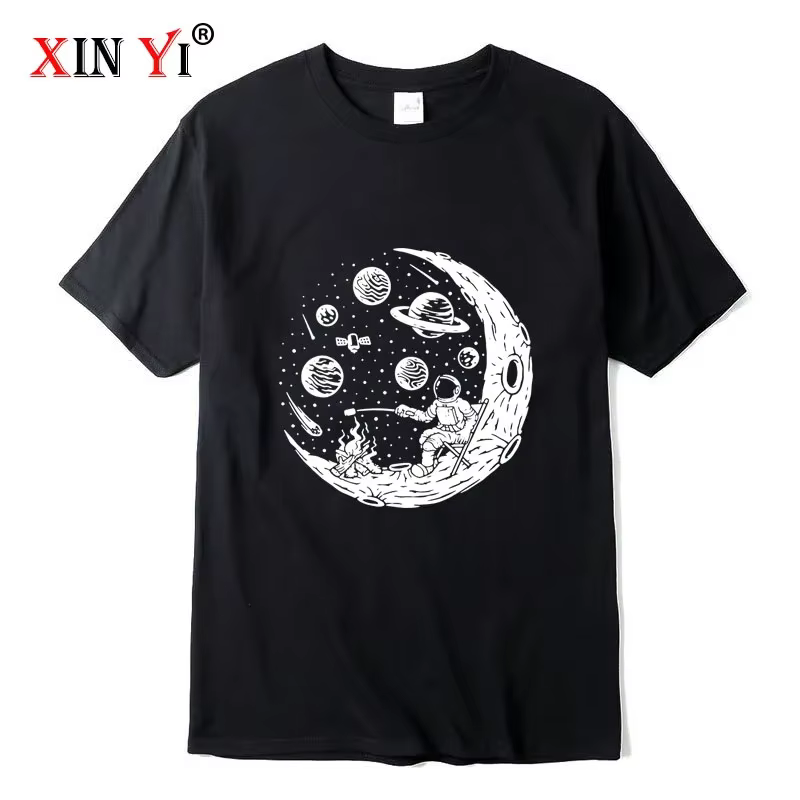 T-shirt pour homme en coton mélangé de haute qualité, imprimé drôle astronaute lune barbecue, décont