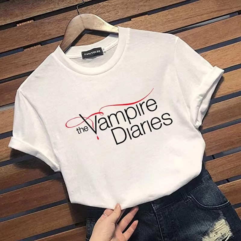 T-shirt manches courtes col rond femme, personnalisé et créatif, imprimé graphique The Vampire Diari