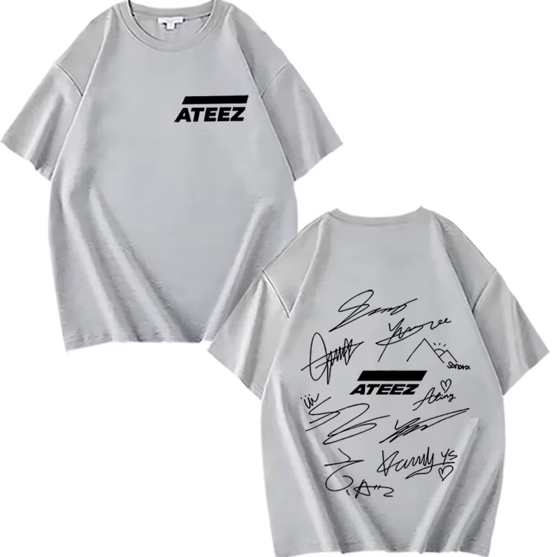 T-shirt ATEEZ World Tour avec signatures des membres du groupe et imprimé géométrique au dos, t-shir