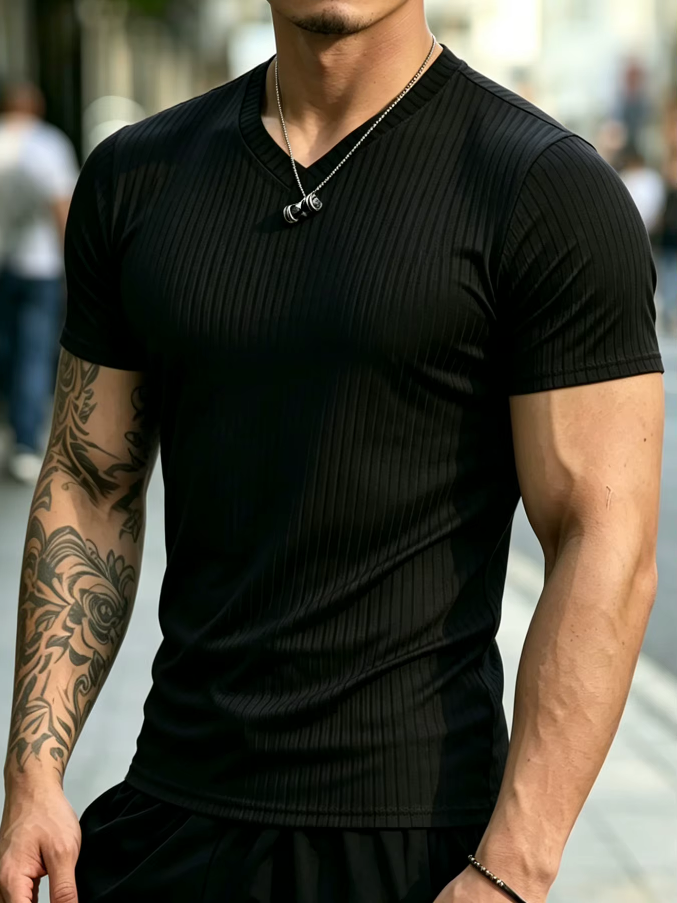 T-shirt côtelé vertical à col en V pour homme, coupe ajustée, respirant, séchage rapide, tricot exte