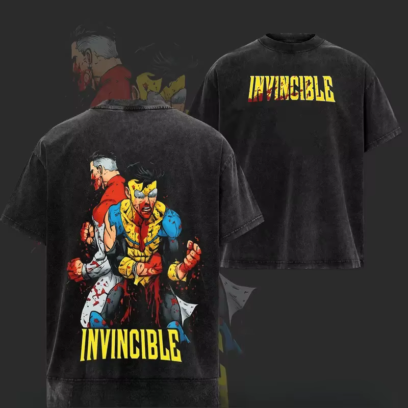 T-shirt Anime Invincible Mark Grayson Omni Man pour hommes et femmes, en coton lavé, style rétro, su