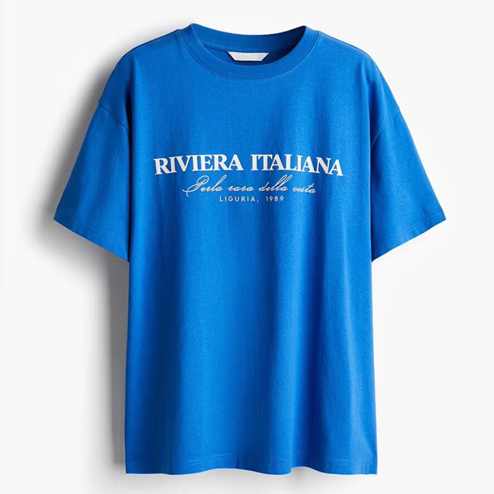 Riviera Italiana Vintage lettres impression bleu Royal t-shirts femmes à manches courtes en vrac cou