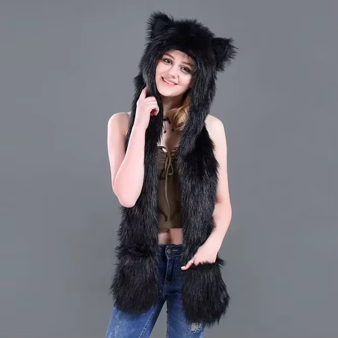 Ensemble chapeau et gants en fausse fourrure à capuche de loup, casquette animale chaude pour femmes