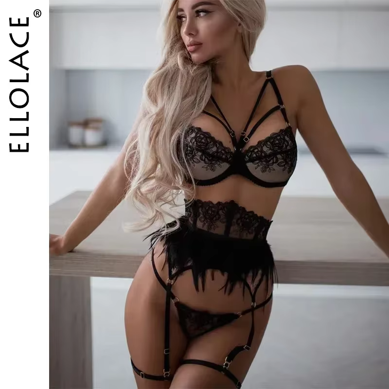Ellolace plume Lingerie broderie fantaisie femme sous-vêtements soutien-gorge Transparent luxe dente