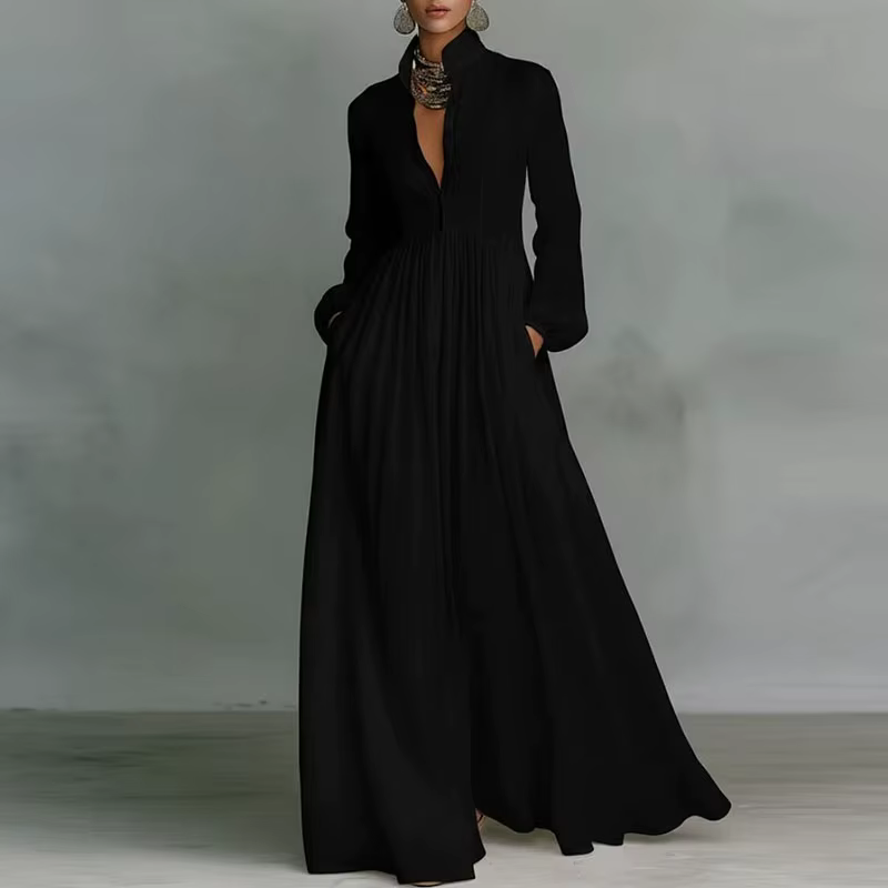 Robe chemise longue bohème à col montant et boutons pour femme, élégante, taille haute, unie, pour s