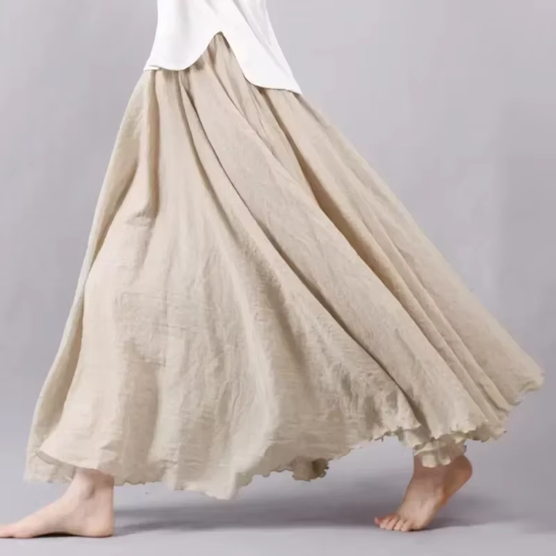 Boho Beach Jupe Femme - Lin Coton Mélange Taille Élastique Longue Plissée Maxi, Vintage Été Jupe Déc