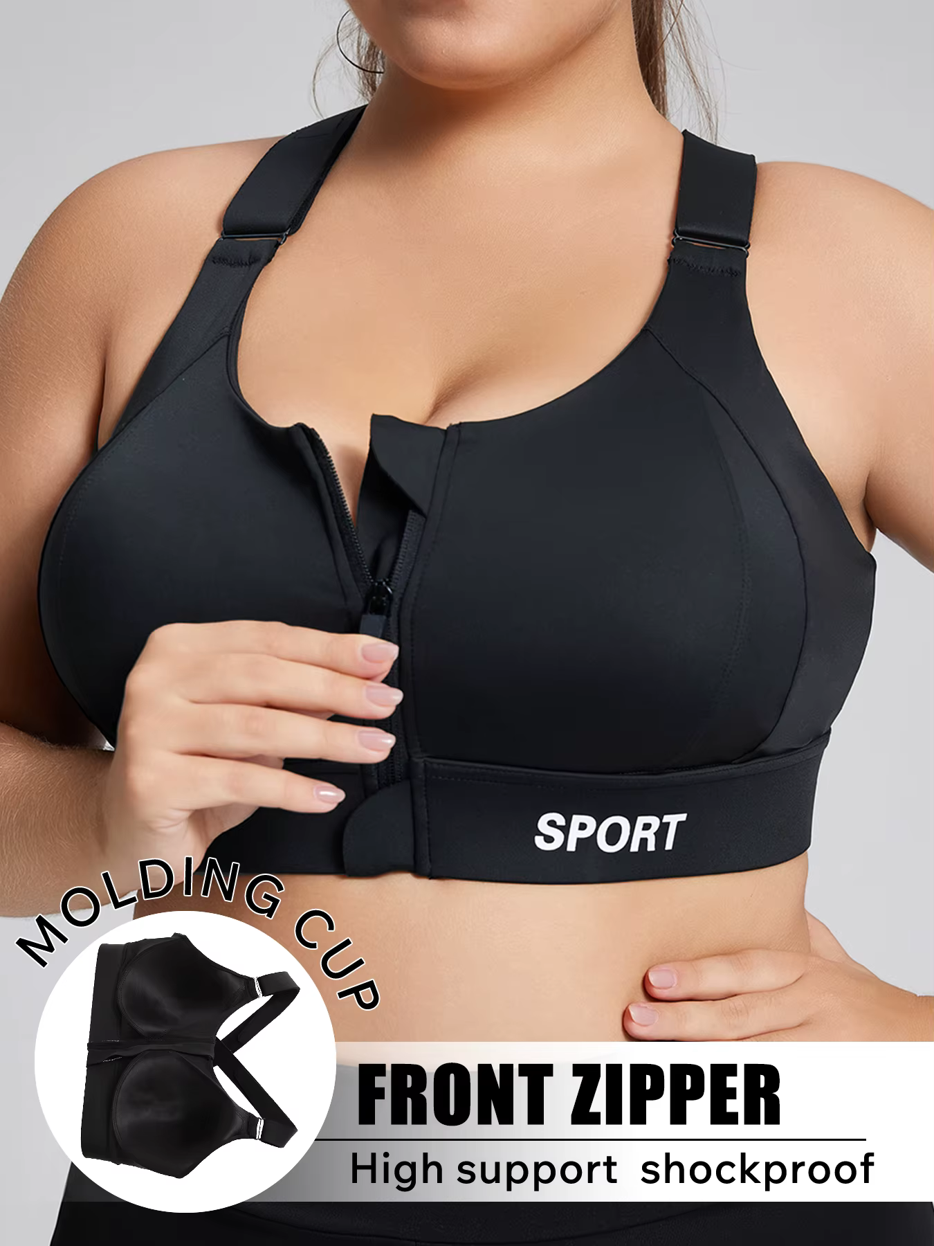 【Taille Plus】Soutien-gorge de sport, fermeture à glissière avec design push-up, soutien réglable, bo