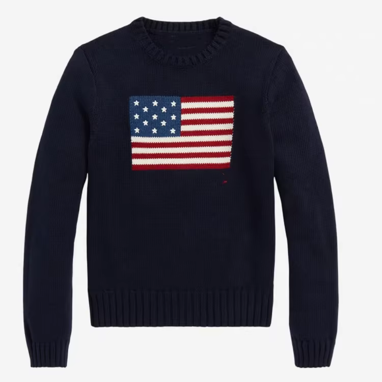 Pull en tricot classique blanc et bleu marine à col rond et manches longues avec drapeau américain p
