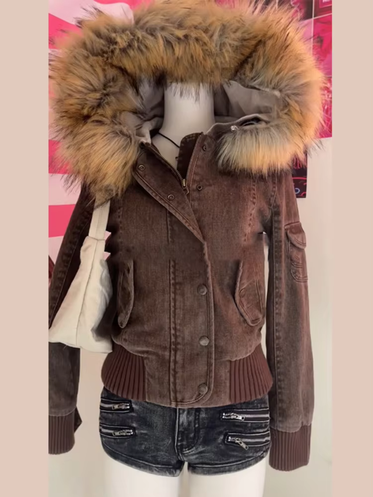 Veste bombardier à capuche avec col en fourrure pour femme, manteaux d'hiver, manches longues, simpl