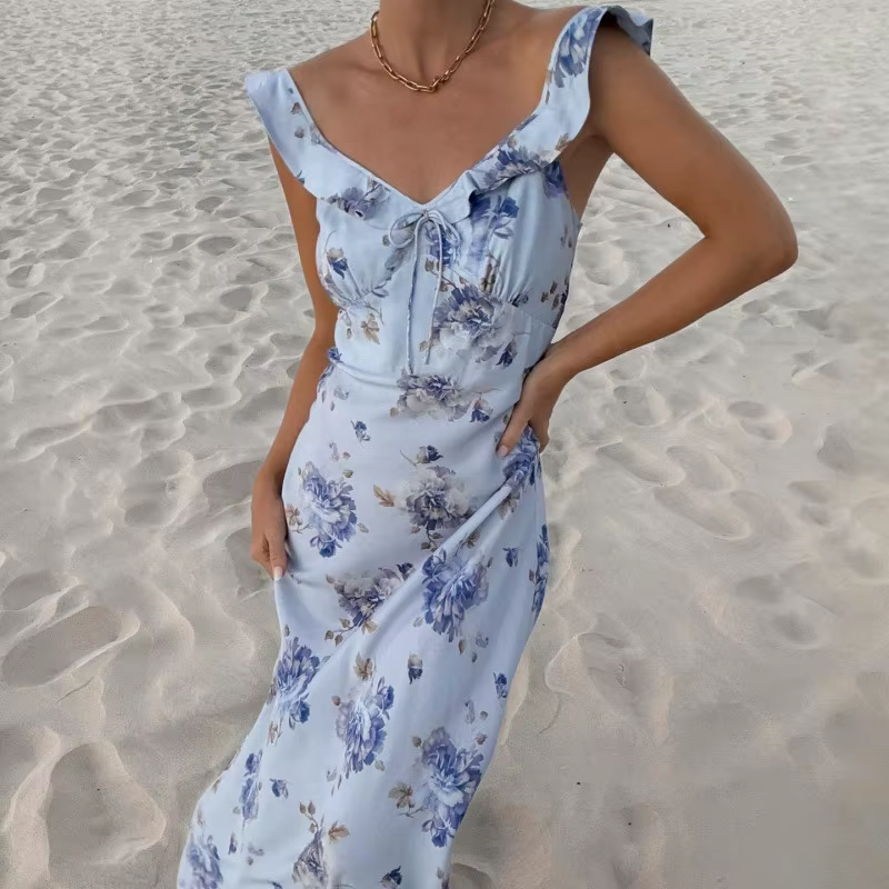 Robe d'été Sexy à imprimé floral pour femmes, coupe basse, sans manches, dos nu, Slim, écharpe, vaca