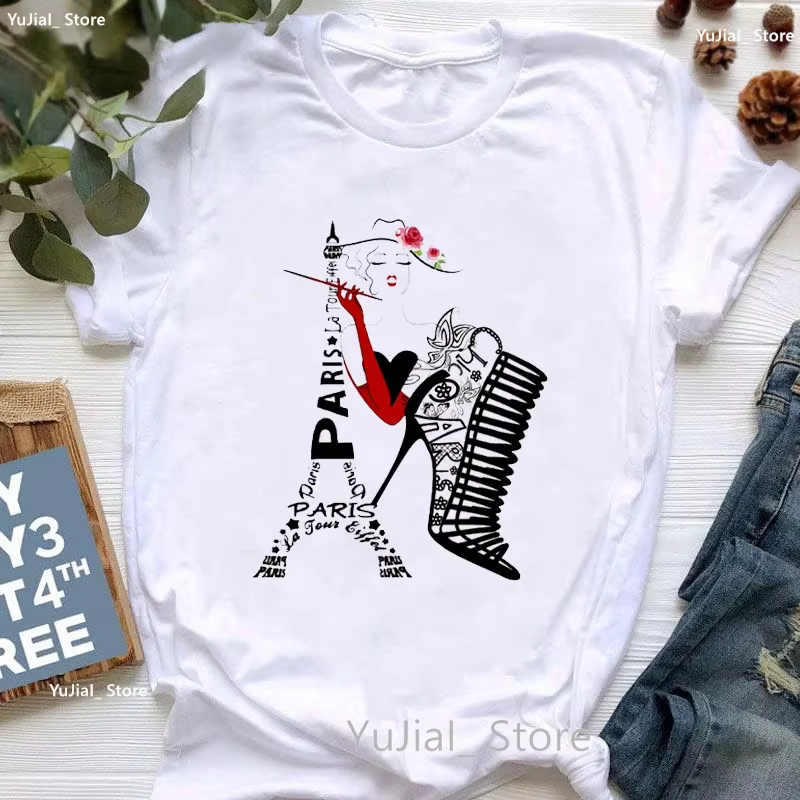 T-shirt manches courtes femme, estival et décontracté, avec la tour Eifel de Paris, Love, bouledogue
