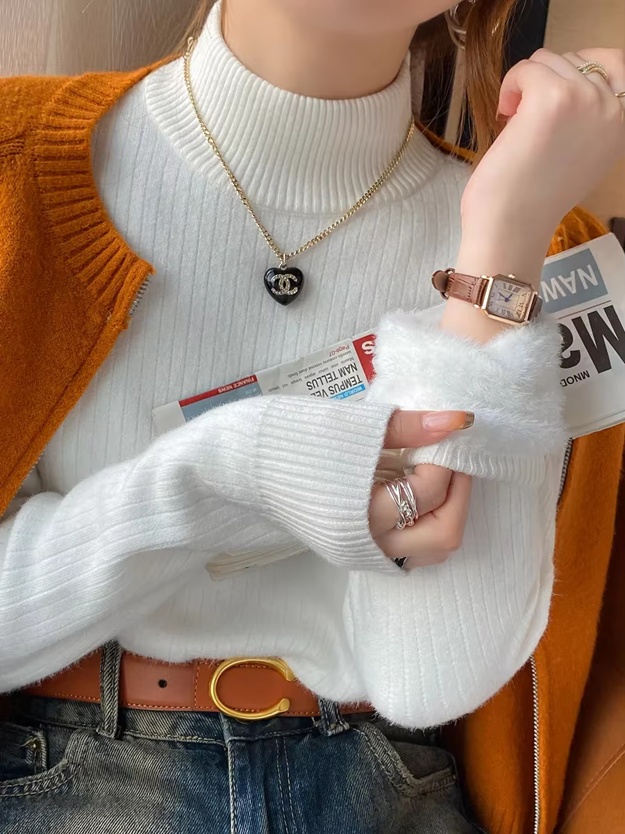 Pull à col roulé pour femme, rétro rouge, avec doublure en velours, vêtements intérieurs épais, chem