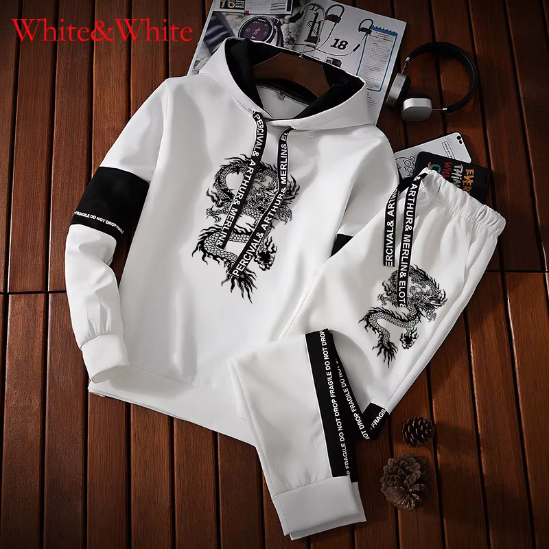 Ensemble de survêtement à capuche et pantalon de survêtement à imprimé dragon pour hommes, vêtements