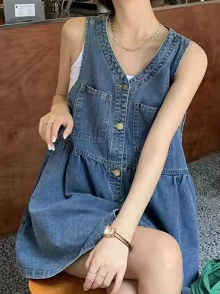 Robe sans manches à bretelles pour femme, été 2026, style coréen, en jean, coupe ample, mini, avec p