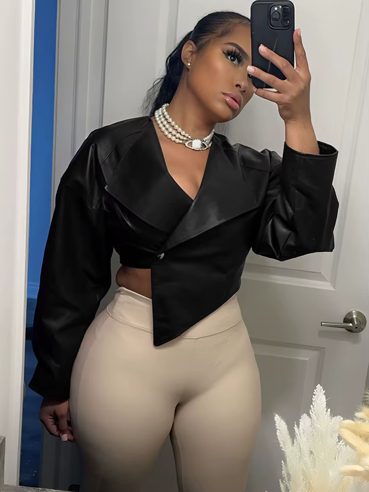 Kliou vestes en cuir PU pour femmes Cool Simple solide manches longues revers irrégulier mince mante
