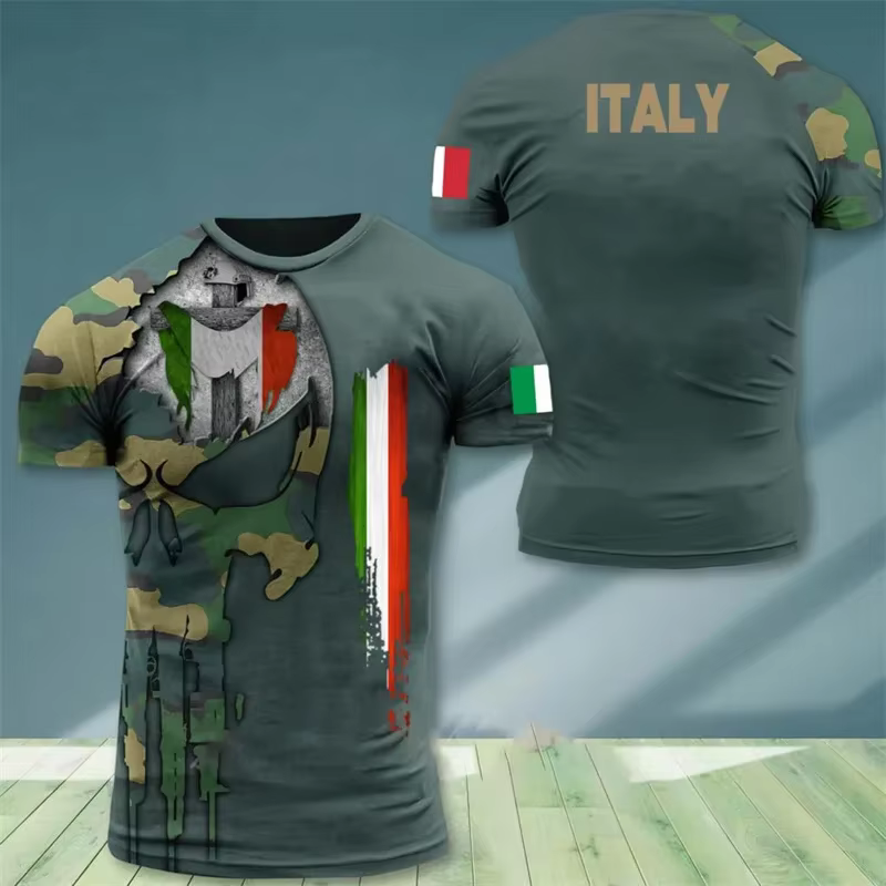 Camo Italie Drapeau T-shirt Pour Hommes Italien 3d Imprimé T-shirt Classique À Manches Courtes T-shi