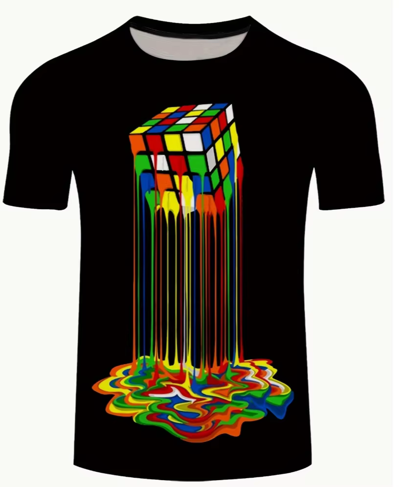 T-shirt pour homme avec un imprimé 3D rétro aux couleurs vives, présentant un design streetwear hip-