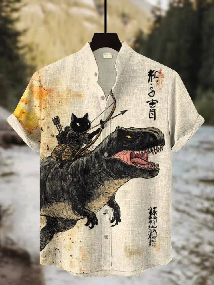 Chemise chat noir des années 60 pour hommes, Vintage, calligraphie, impression artistique, bouton en