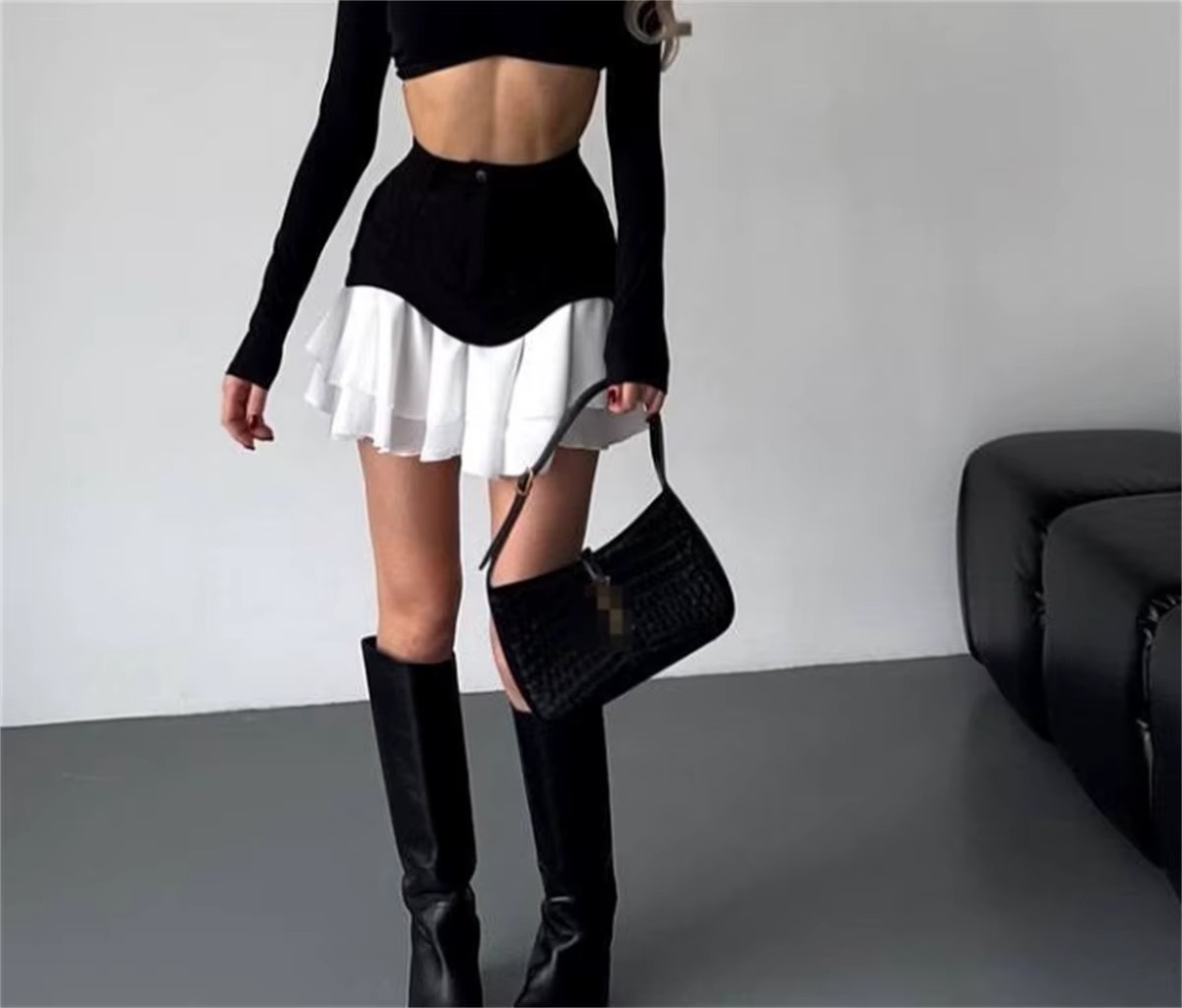 Jupe Midi Chic à volants pour femmes, taille haute, plissée, épissure, ligne A, mode printemps été 2