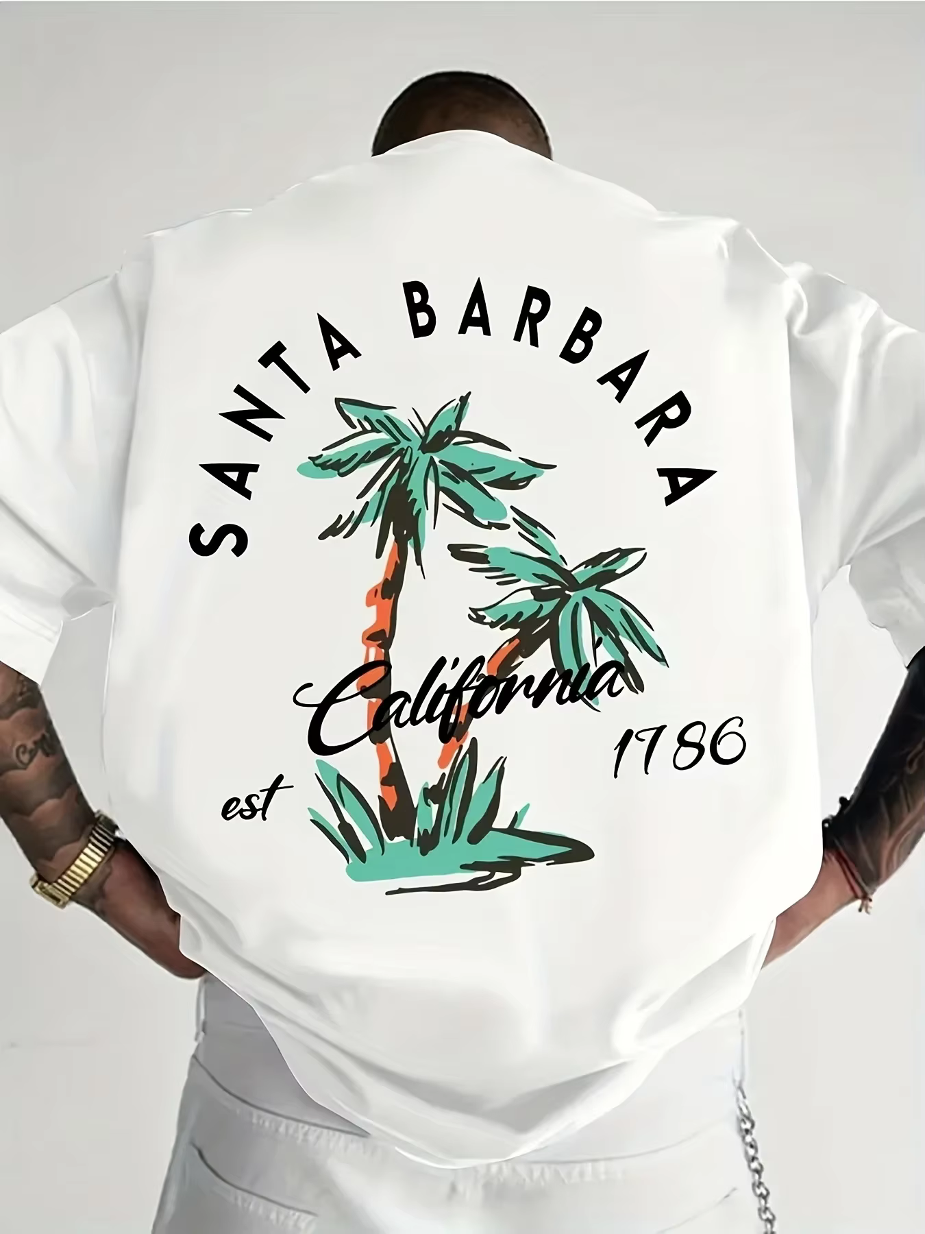 T-shirt pour homme à motif Santa Barbara Californie, imprimé palmiers rétro, style décontracté urbai
