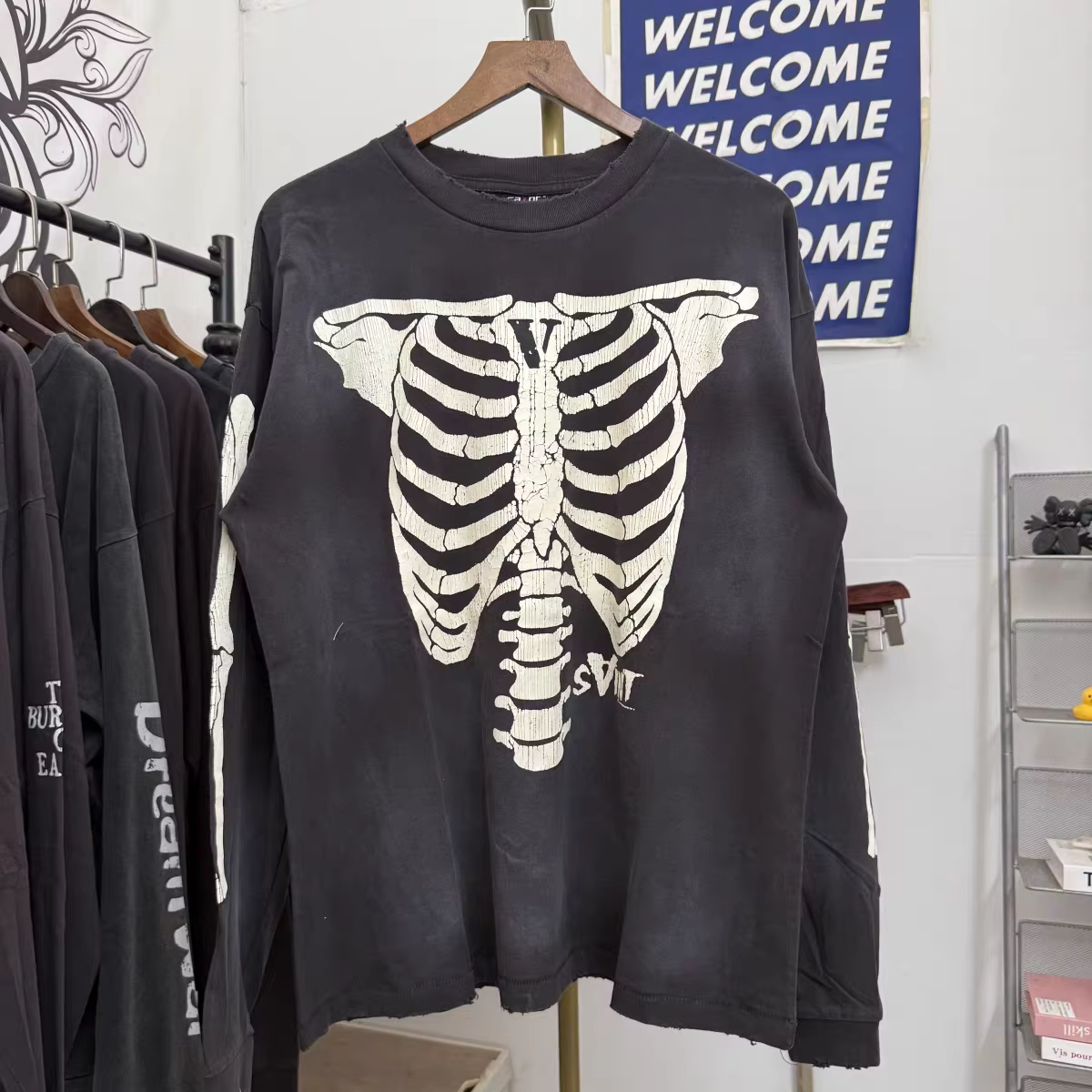 SAINT manches longues squelette col rond imprimé T-shirt ample hommes femmes T petit haut t-shirts