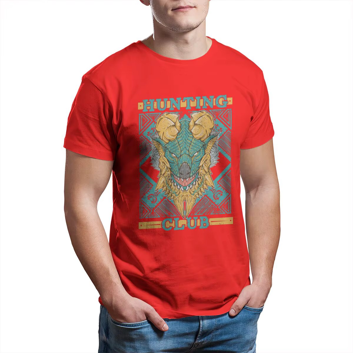 T-Shirt Imprimé Monster Hunter World Hunting Club Jinouga pour Homme, T-Shirt en Coton, Petit Déjeun