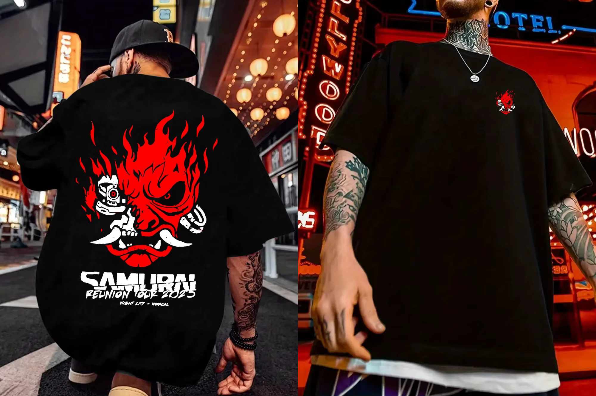 T-shirt pour homme à motif samouraï japonais - Noir avec imprimé flamme rouge au dos, T-shirt décont