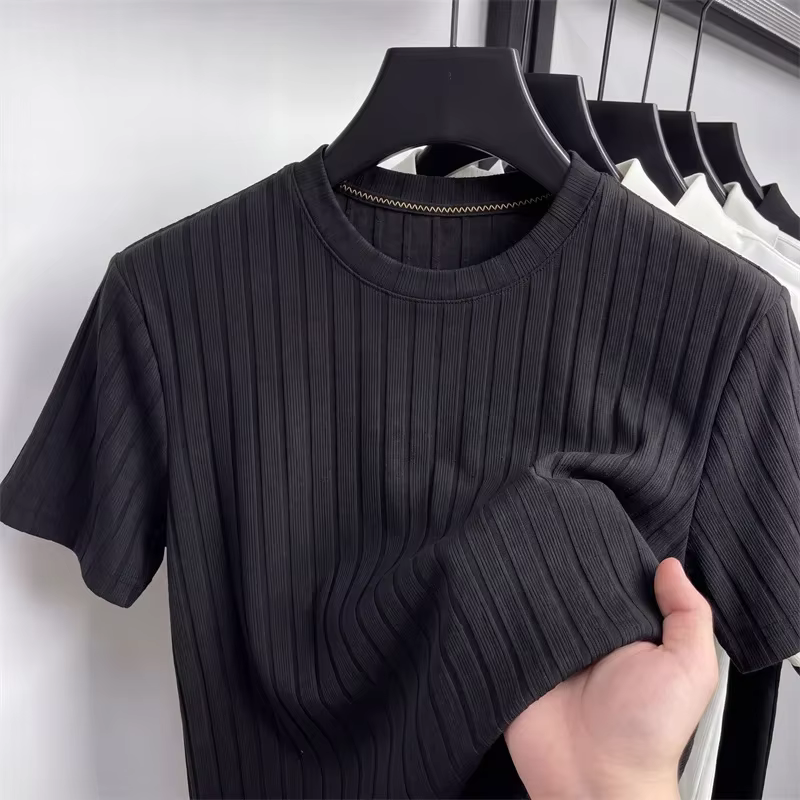T-shirt côtelé décontracté pour homme, manches courtes, tissu doux, coupe confortable pour le bureau