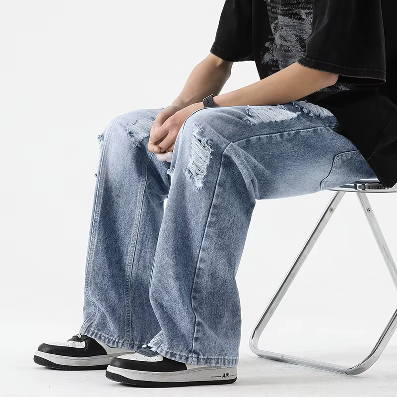 Jean déchiré d'été pour hommes, ample, jambe droite, rétro, corde à dessiner, marque de mode, pantal