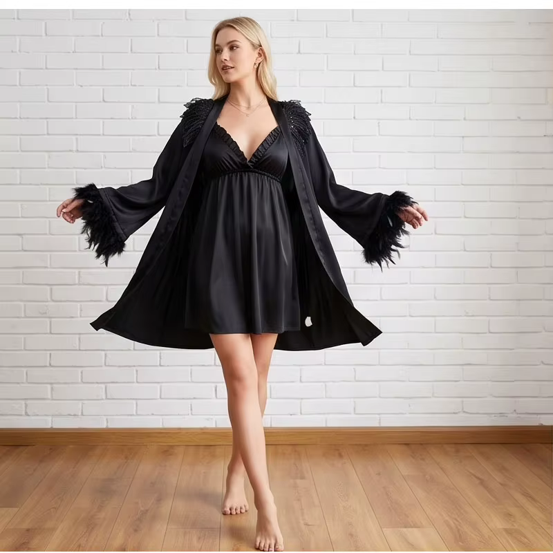 Robe courte noire à col ailes d'ange pour femmes avec poignets en plumes détachables, style doux, vê