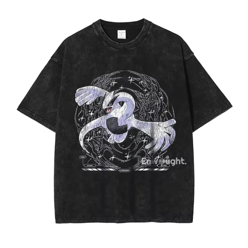 T-shirt Anime Pokémon Gengar et Pikachu Été 2026 – Noir Délavé Vintage pour Hommes et Femmes – Haut 