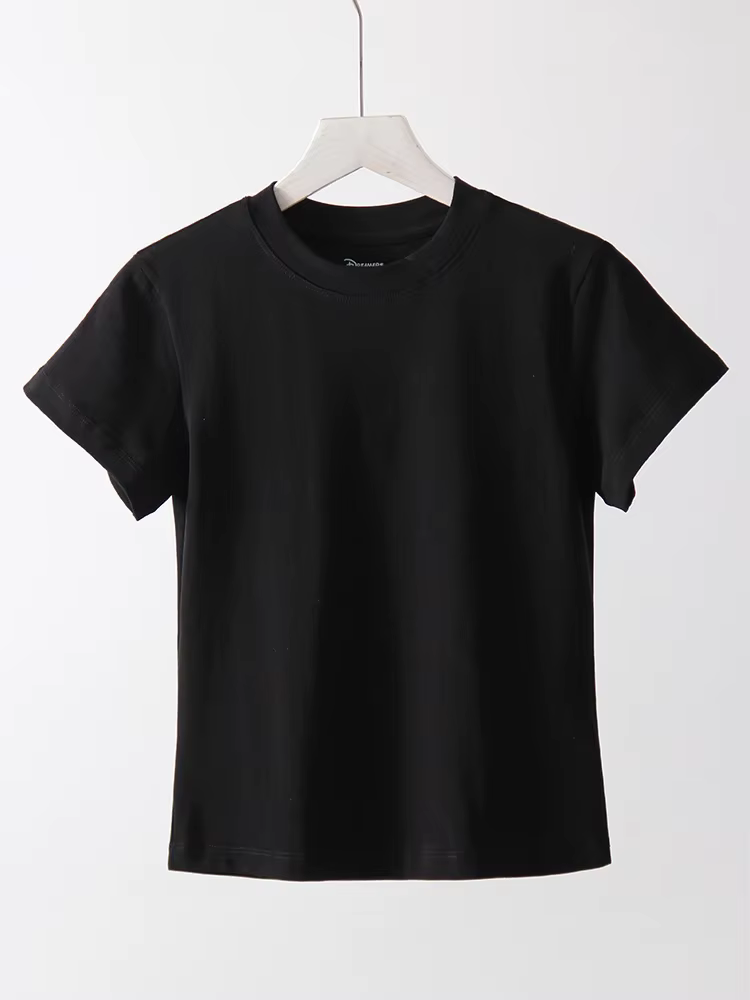 T-shirts basiques pour femmes, en coton, coupe ajustée, blancs, tops d'été, t-shirts noirs, col rond