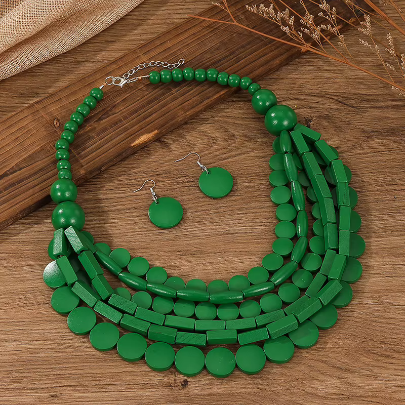 Ensemble de bijoux de style bohème africain, perles en bois géométriques, collier multi-rangs fait à