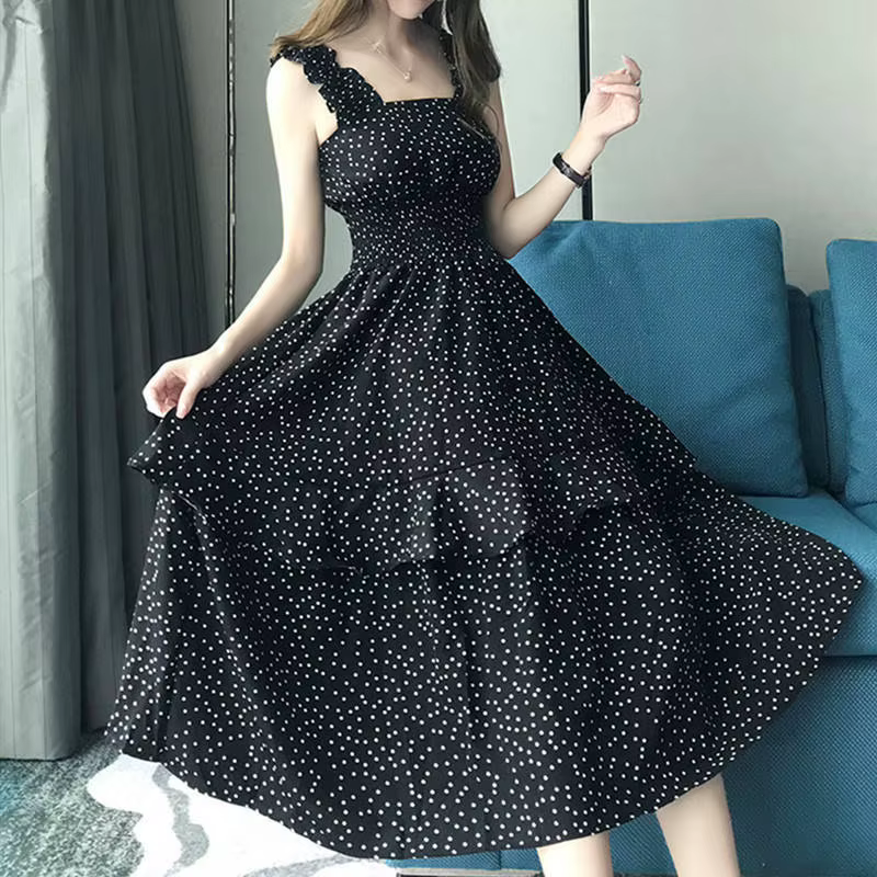 Nouvelle Robe d'été ample sans manches pour femme, style coréen, imprimée à pois, avec fronces et vo
