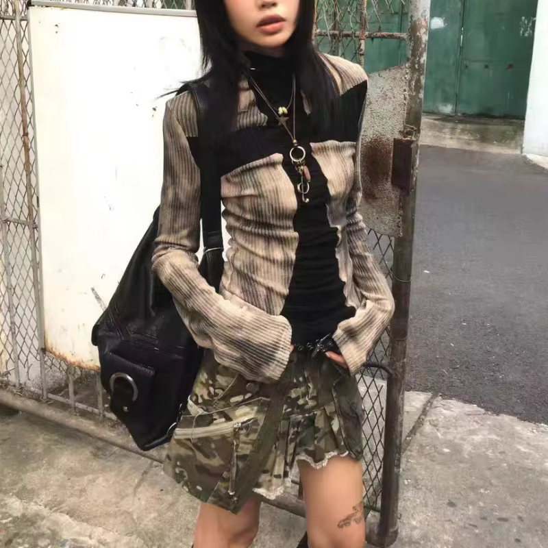 Mode Vintage t-shirts femmes Patchwork à manches longues maigre Streetwear Y2k Chic esthétique Grung