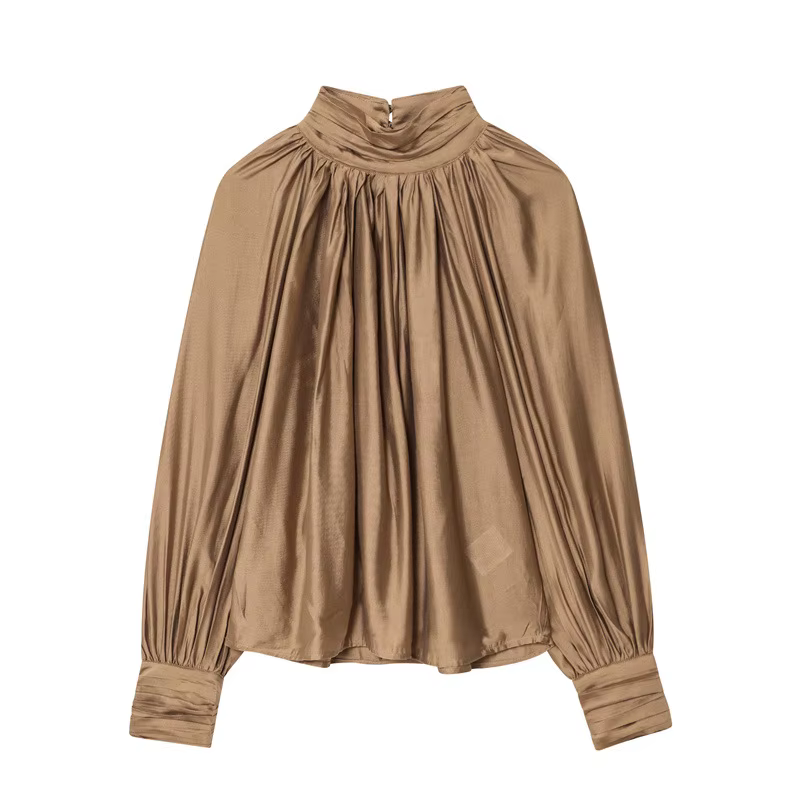 Haut drapé à manches longues pour femmes, couleur unie, haut décoratif, sens du luxe, personnalité é