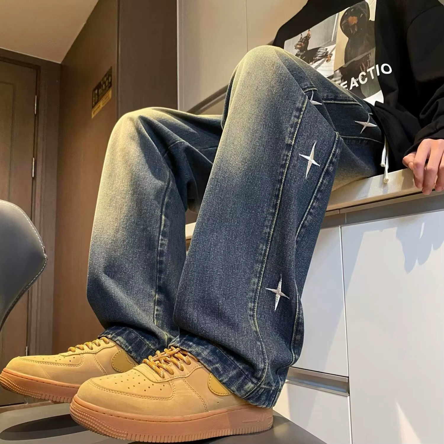 Jean en denim pour homme, style hip-hop américain rétro, coupe droite ample, tendance, nouvelle coll