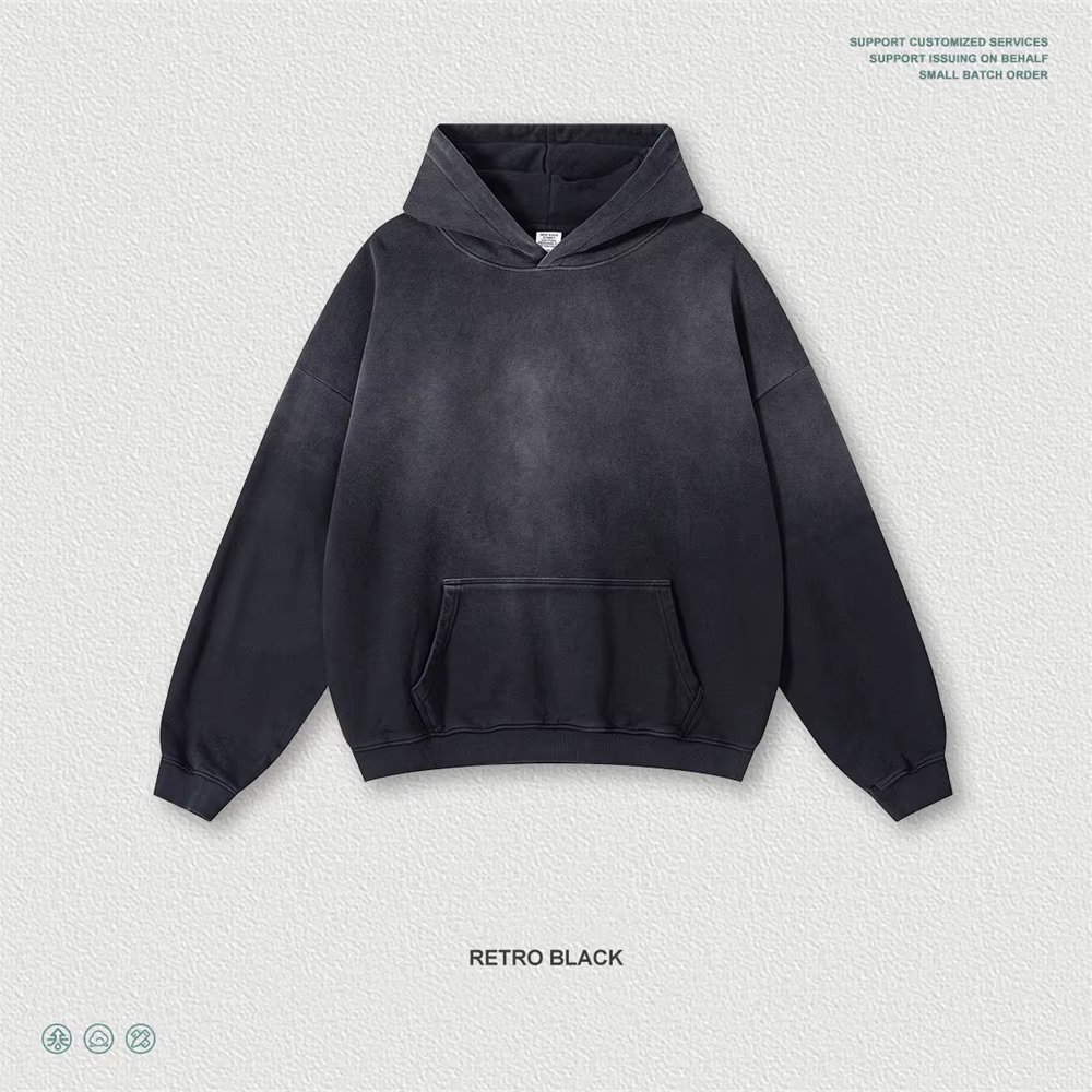 ZODF Vintage 480gsm singe lavé dégradé sweat à capuche en coton pour homme unisexe rétro haute rue e