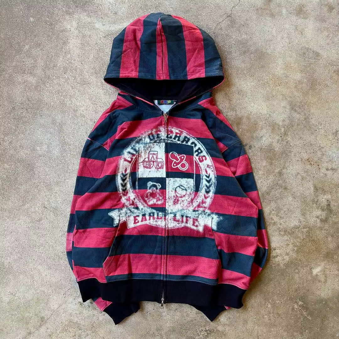 Sweat à capuche pour hommes Vintage Streetwear rouge noir rayé sweat-shirt zippé vie d'erreurs impri