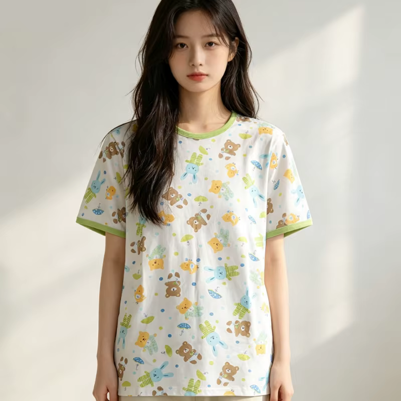 T-shirt mignon pour hommes et femmes, avec boutons-pression sur une épaule, pyjama de maison en pur 