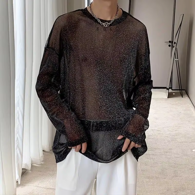 T-Shirt en Maille Transparente pour Homme, Col Rond, Manches sulf, Sexy, Streetwear, ix, Style Mince