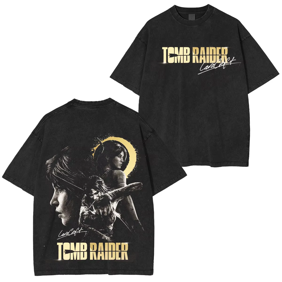 T-shirt unisexe Tomb Raider délavé, style streetwear Y2K, manches courtes, en coton épais, pour homm