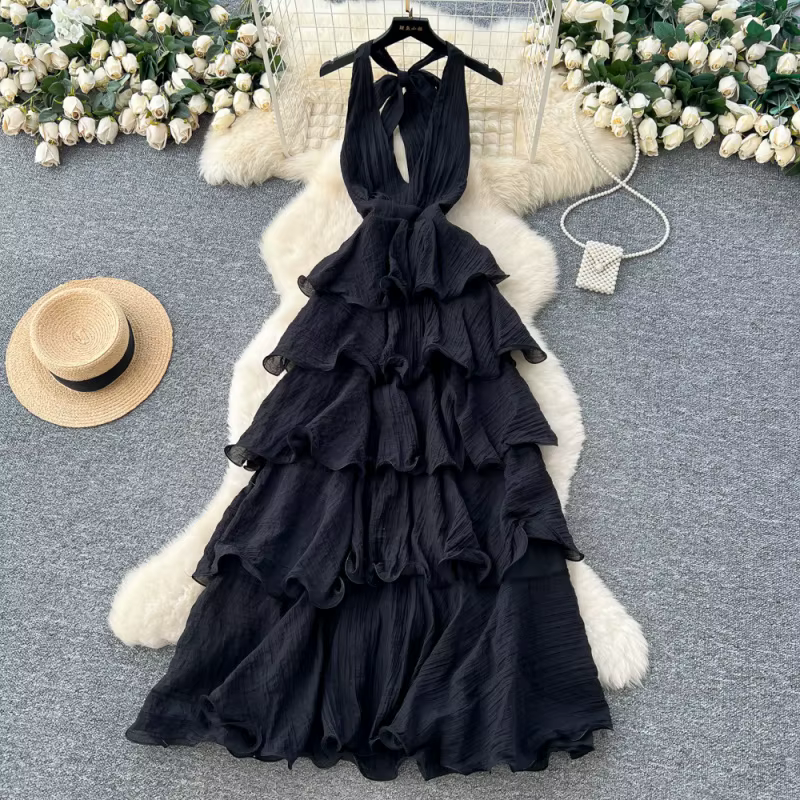 Robe Longue Halter Tendance pour Femme, Collection Été 2026, Sans Manches, Dos Nu, Col en V, Robe de