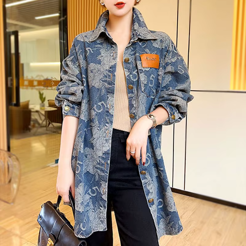 Chemise en Denim ample Vintage pour femmes, vêtements décontractés à col rabattu, chemisier imprimé 